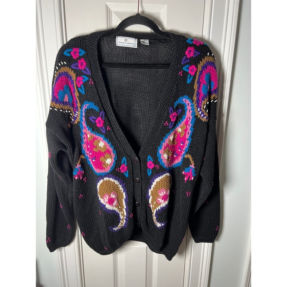 Vintage Maggie Lawrence Paisley Embroidered Knit Cardigan Sweater Black Large